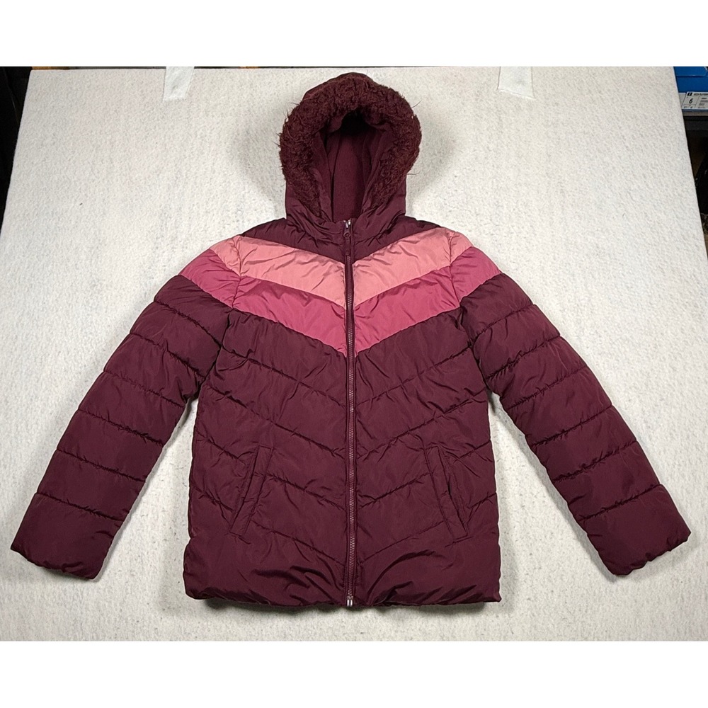 The Childrens Place Girls XL 14 Puffer Jacket Burgundy Chevron Faux Fur Hood